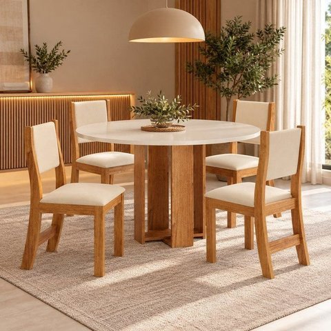 Conjunto Sala de Jantar Mesa Redonda com 4 Cadeiras Jady e Sol Bege/Mel/Blonde