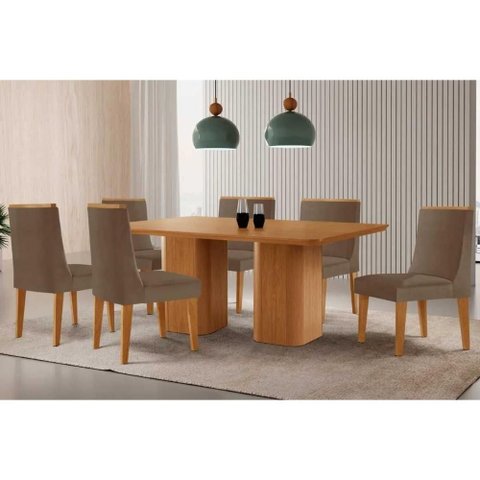 Conjunto: Mesa de Cozinha Maldivas C/ Tampo Madeirado Canto Curvo 180x90cm e 6 Cadeiras Dakota