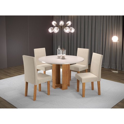 Conjunto Sala de Jantar Moderno Mesa Redonda 4 Lugares Bege Chiara Vênus Mel