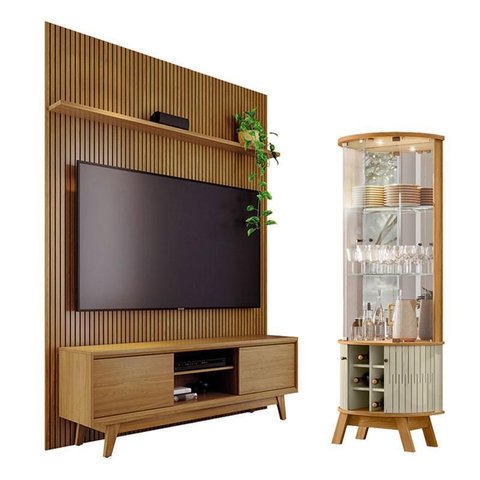 Estante Home Theater com Bancada Suspensa Milo Cumaru com Cristaleira Marina Cumaru Opala - Madetec
