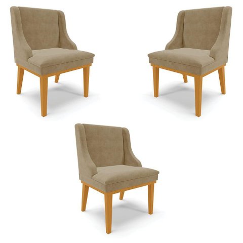 Kit 3 Cadeiras Decorativas Sala de Jantar Base Fixa de Madeira Firenze Suede Nude/castanho G19 -