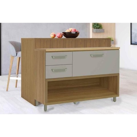 Bancada Ilha Cozinha Princesa com 1 Porta e 2 Gavetas 120cm Freijó Off White