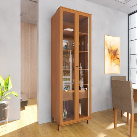 Cristaleira 2 Portas 70 cm com Vidro LED Nicho Garrafeiro 1 Gaveta Damasco Freijo