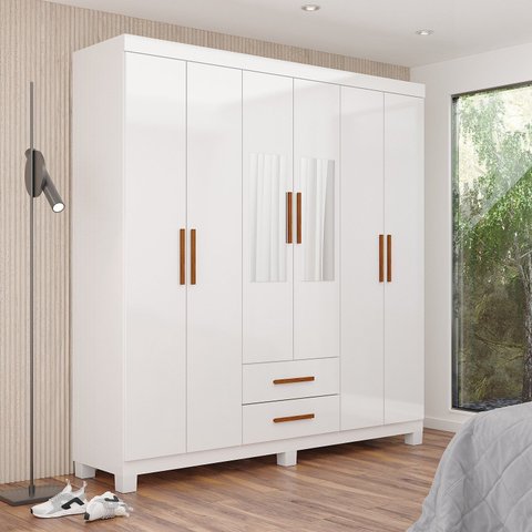 Guarda-Roupa 6 Portas 2 Gavetas com Espelho e Pés Aurora Branco