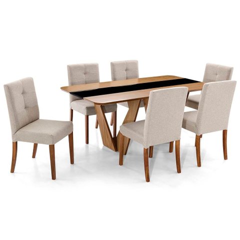 Conjunto Mesa de Jantar Dinant Vidro Preto e Base Amêndoa + Cadeiras Andenne Encosto Estofado -
