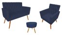 Ver imagem 1 de Kit Namoradeira + 1 Poltrona Decorativa Nina Capitonê + Puff Redondo Suede Azul Marinho Pés Madeira