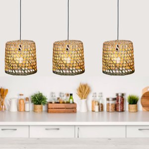 Kit 3 Lustre Rustico Pendente Luminária Teto Taboa Fibra Natural Tamanhos P M G Kit com 3 Peças:médi