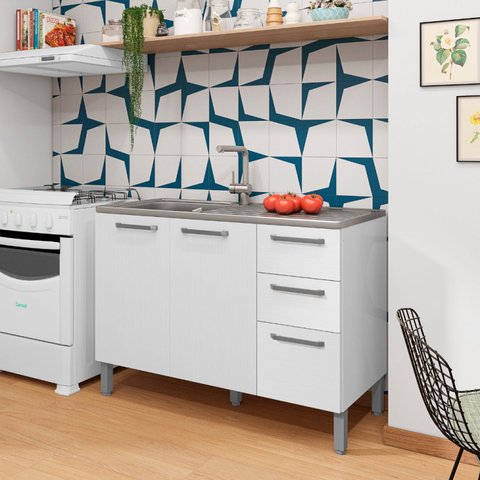 Balcão para Pia 120cm sem Tampo 3 Portas 2 Gavetas Versalhes Branco/Supremo