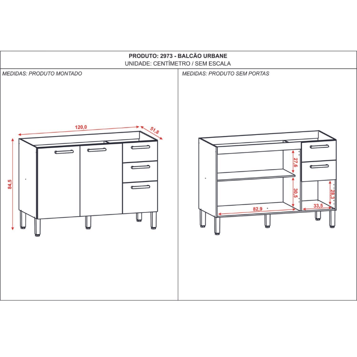 Balcão 120cm 3 Portas 2 Gavetas Versalhes - 4