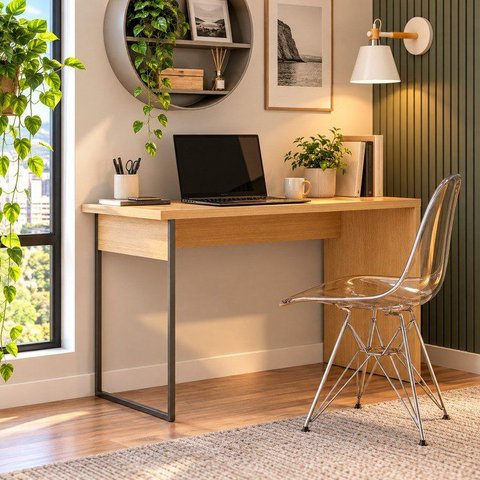 Mesa Escrivaninha 100% MDF 100cm Pé em Metalon Infinity Savana Bege
