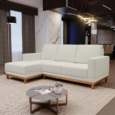 Sofá Living 200cm 3 Lugares com Chaise Esquerdo Kayrós D05 Linho Cru - Mpozenato
