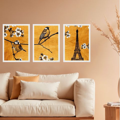 Kit 3 Quadros Passarinhos Paris Torre Eiffel 24x18cm:moldura Branca