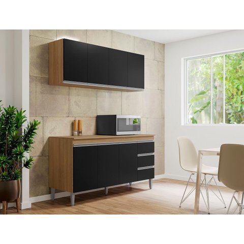 Armário Aéreo e Balcão + Tampo Andréia 150cm Amêndoa/Preto - AJL Móveis