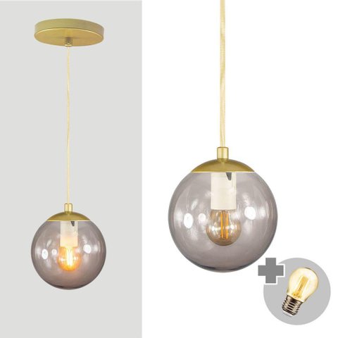 Pendente Ouro C/ Globo de Vidro Fume de 14cm + Led 2w