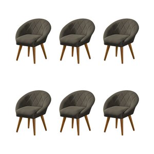 Kit 6 Poltronas Decorativa Canastra Estofada Linho Marrom Café Pés Palito em Madeira Maciça