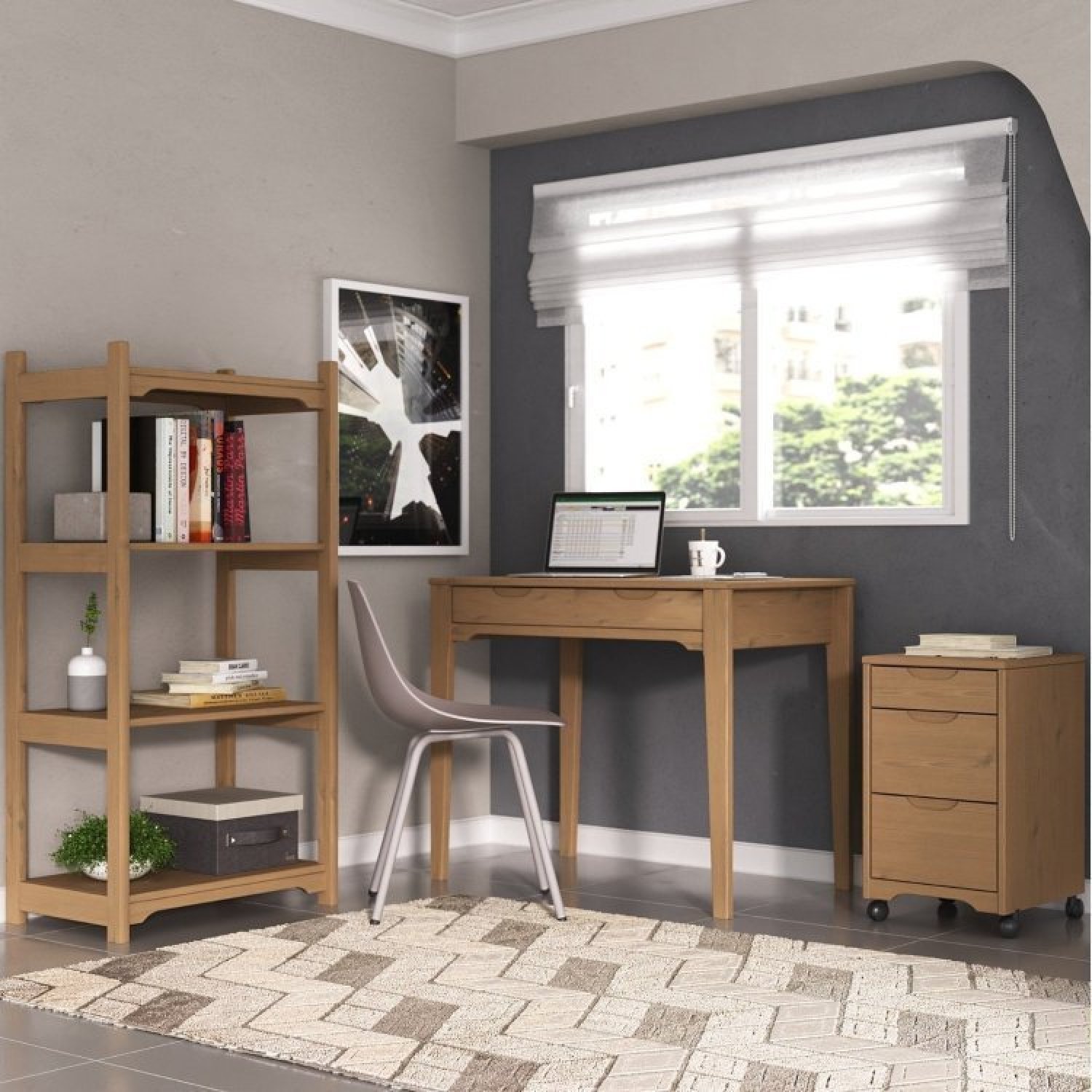 Conjunto Home Office 3 Peças 1 Escrivaninha 1 Gaveteiro 1 Estante Madeira Maciça Quebec Espresso Móveis - 1