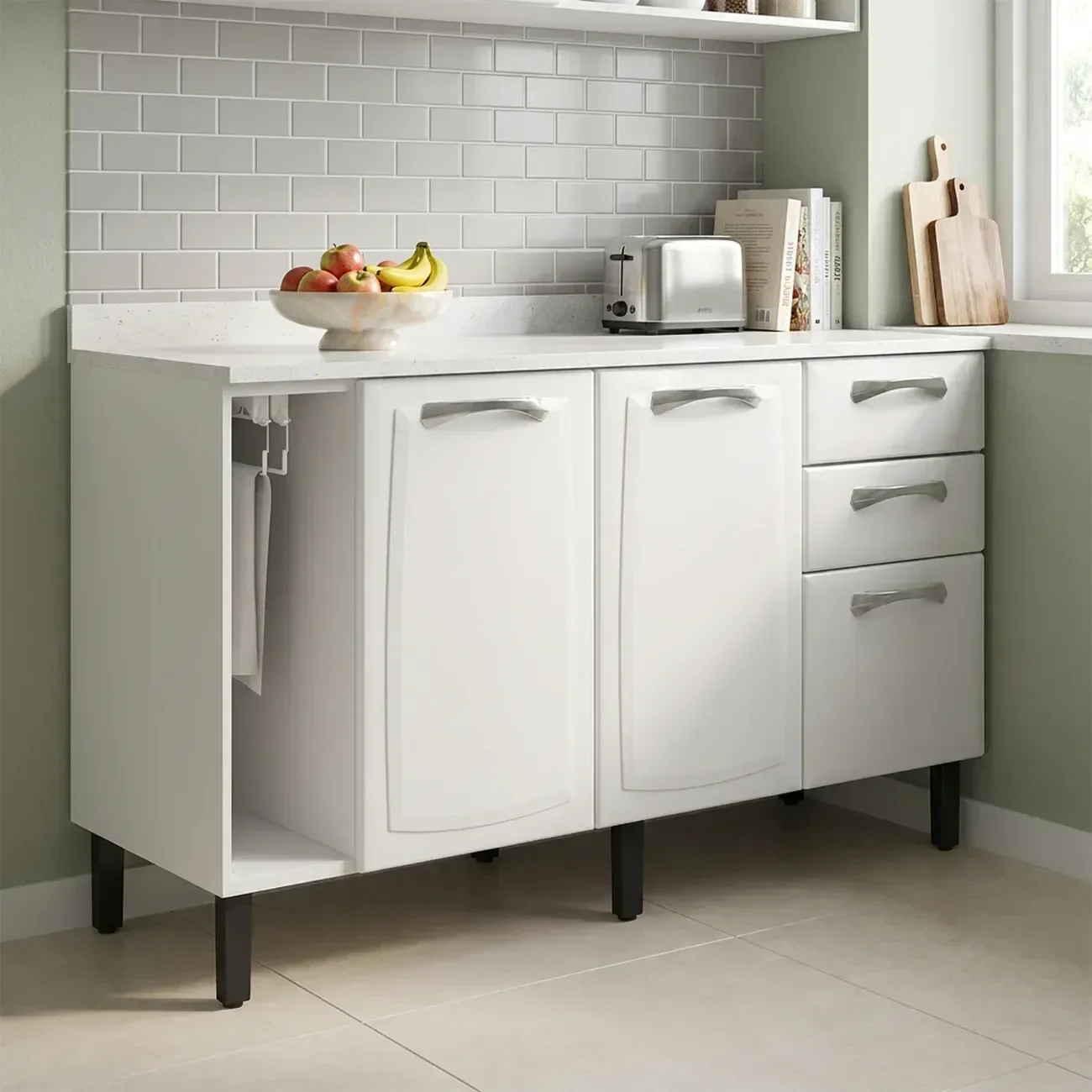 Balcão de Cozinha em Aço 3 Portas e 2 Gavetas com Toalheiro sem Tampo 140cm New Premium Itatiaia Branco