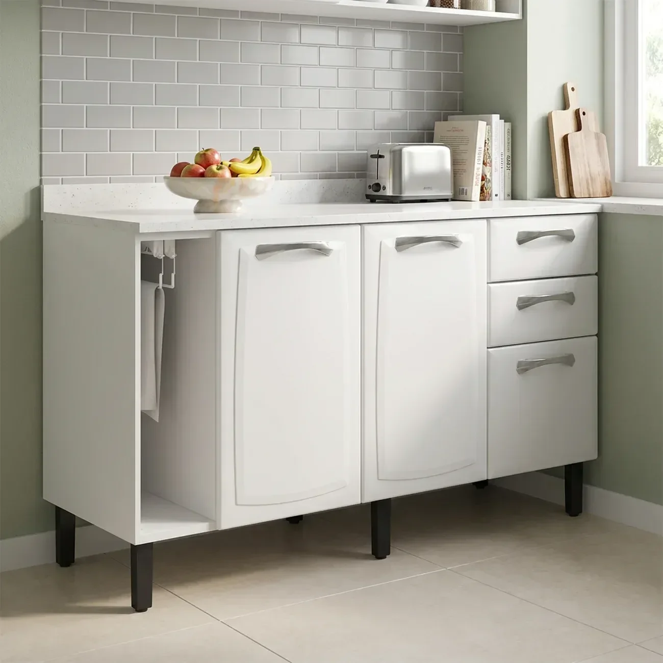 Ver imagem 1 de Balcão de Cozinha em Aço 3 Portas e 2 Gavetas com Toalheiro sem Tampo 140cm New Premium Itatiaia Branco