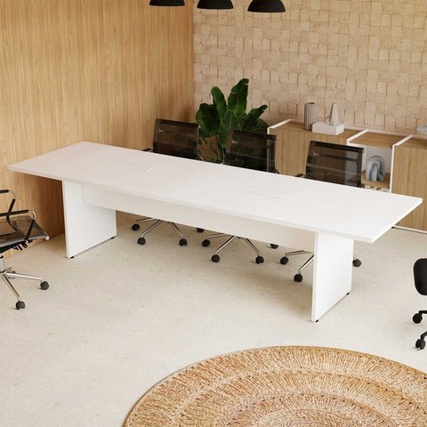 Mesa de Reunião Bipartida em MDF 300x90cm com 2 Caixas de Tomada Branco