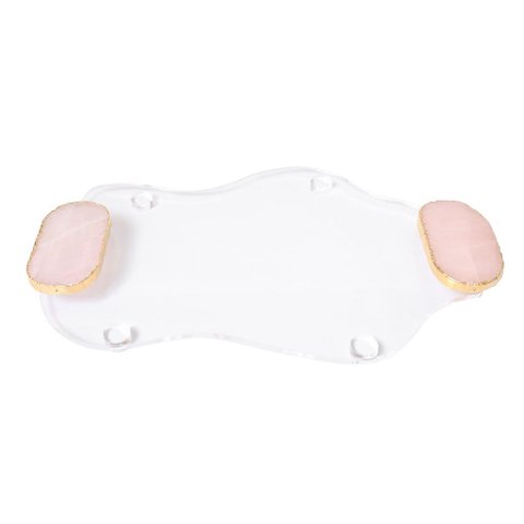 Bandeja Acrílico e Pedra Quartzo Rosa com Borda Banhada Ouro 24k M