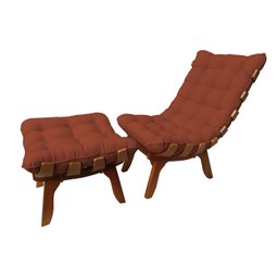 Poltrona Costela Base em Madeira + Puff Suede Terracota - 2