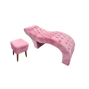 Kit Maca Estética Estofada Capitonê com Banqueta para Salão Sobrancelha Cílios Veludo Rosa