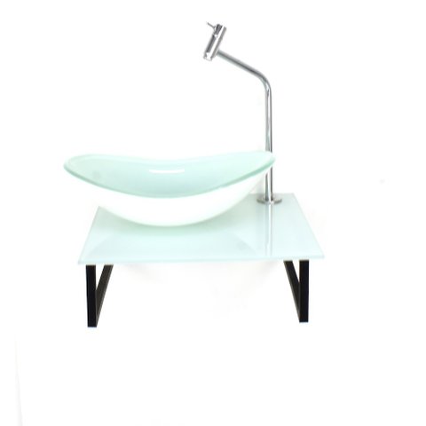 Kit Cuba de Vidro Oval 10mm Tampo 40cm Branco Full com Suporte Torneira Valvula