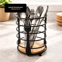 Ver imagem 1 de Porta Talheres Organizador Talheres 16cm Aço Preto Base Madeira Suporte Cozinha Mesa Bancada
