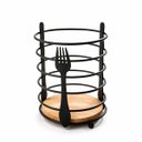 Ver imagem 3 de Porta Talheres Organizador Talheres 16cm Aço Preto Base Madeira Suporte Cozinha Mesa Bancada