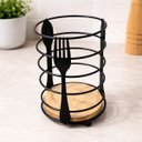 Ver imagem 2 de Porta Talheres Organizador Talheres 16cm Aço Preto Base Madeira Suporte Cozinha Mesa Bancada