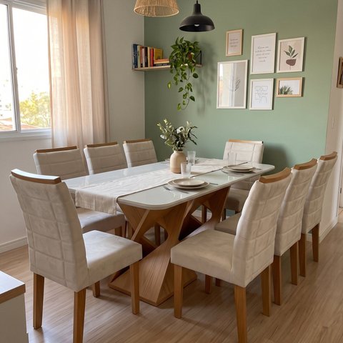 Conjunto Mesa de Jantar com 8 Cadeiras Estofadas e Tampo de Vidro 200x79x90cm