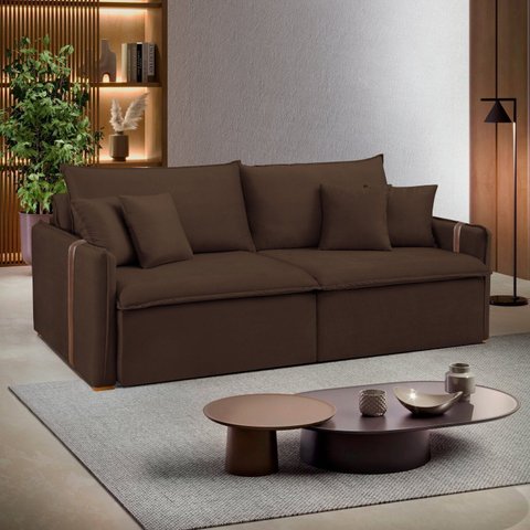 Sofá Cama Retrátil e Reclinável 3 Lugares Veludo Marrom Windson 200cm Yescasa