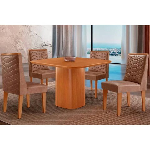 Sala Jantar Mesa Maldivas Tampo Curvo 90cm+4 Cadeiras Dafne Madeira Naturale - Capuccino/linho