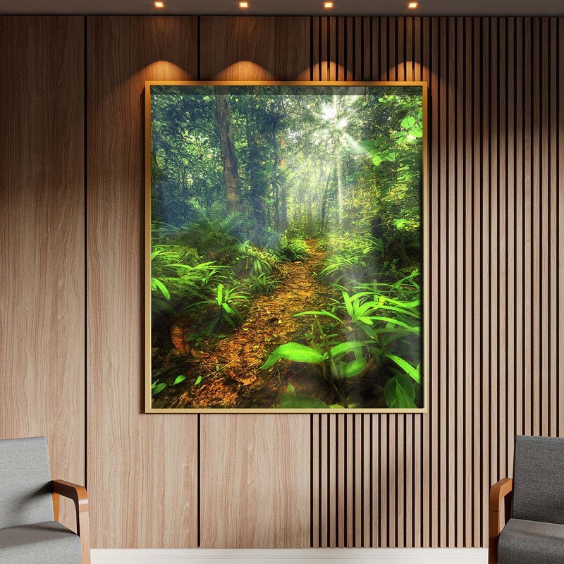 Quadro Decorativo Tela Canvas Paisagem Forest Trail com Moldura e Vidro  Dourada - 120x60 Cm