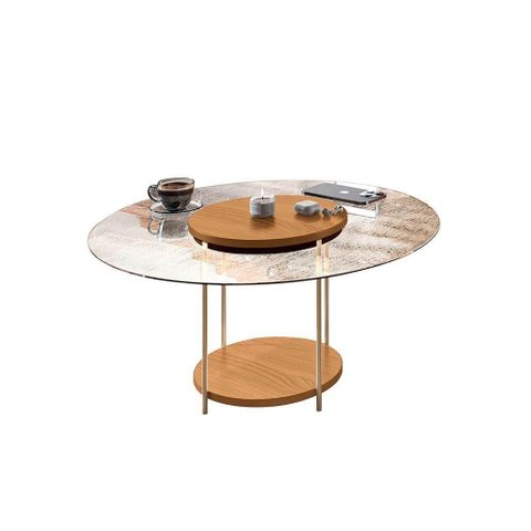 Mesa de Centro Redonda Tampo de Vidro Pés Metálicos Mia Cinamomo H01 - D'Rossi