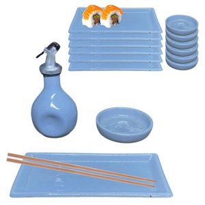 Kit Oriental Azul Sushi em Casa 6 Pessoas Molheira 110ml