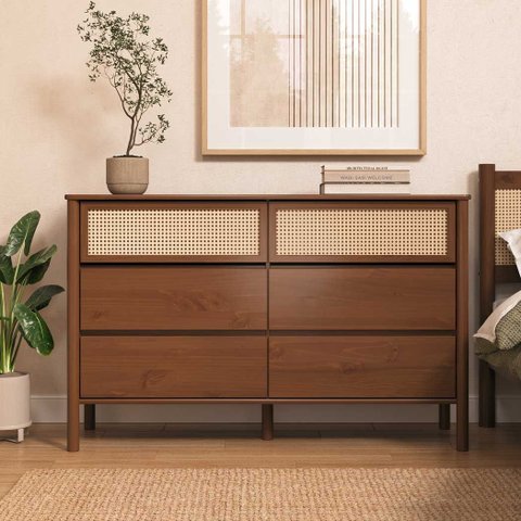 Cômoda Grande 6 Gavetas Horizontal Madeira Palhinha Quarto Adulto Castanho Cefira