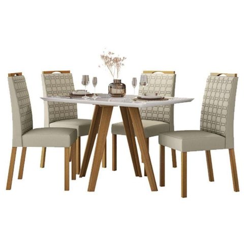 Mesa de Jantar Mariah 120x80 cm com Vidro Ype Off White e 4 Cadeiras Mariana Veludo Nude – New