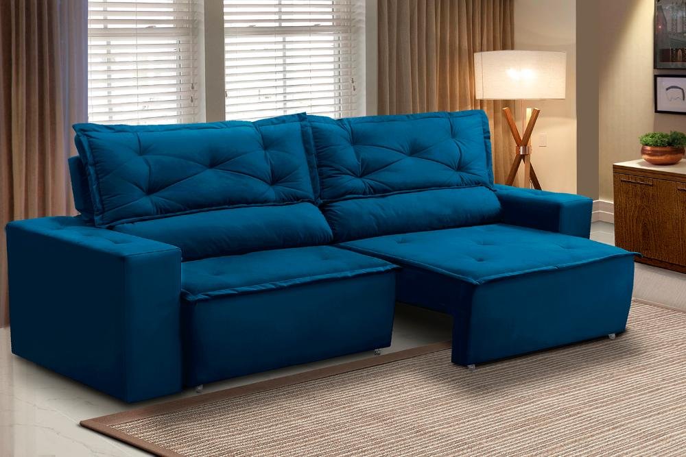 Sofá Retrátil e Reclinável 3 lugares com Molas 1,80m Livia Suede Azul Adonai Estofados - 1