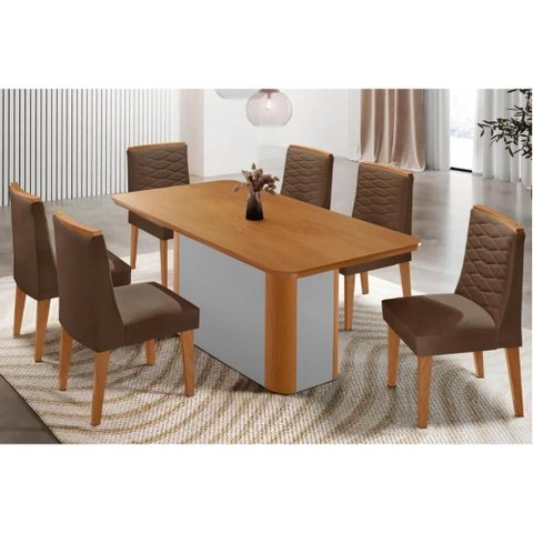 Conjunto: Mesa de Cozinha Pietá Tampo Curvo 180cm+6 Cadeiras Maldivas Madeira Naturale/Off White -