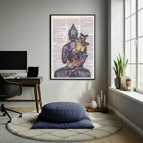 Quadro Decorativo Buda com Borboletas 70x50cm Mold Preta