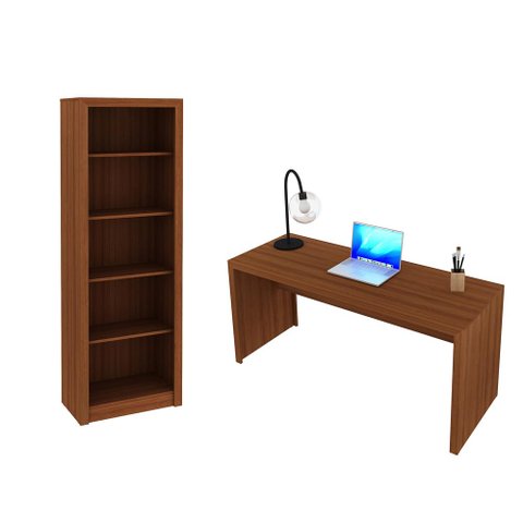 Escritório com Mesa para Computador Simples Gavetas e Armário Amendoa - Fdecor