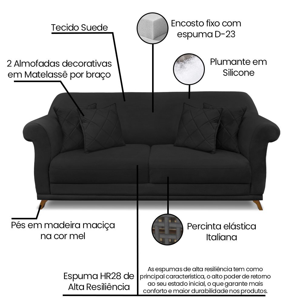 Sofá 3 lugares 2,20 m Preto com pés de Madeira e 2 almofadas Apollo Zahav Estofados - 7