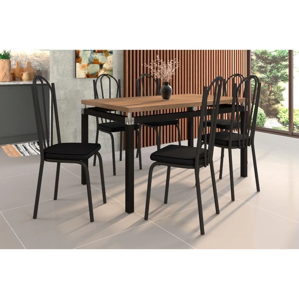 Ver imagem 1 de Mesa Malva para Sala de Jantar de 1,36cm Preto Demolição com 6 Cadeiras 121 - Assento Preto - Og Móv