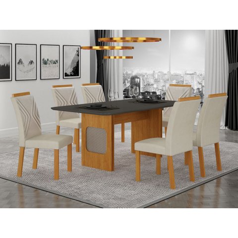 Conjunto Sala de Jantar Lara 1,80m com 6 Cadeiras Clara Plus Cinamomo/Chumbo/Joli Palha