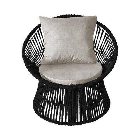Poltrona Decorativa Estofada Sol com Almofada em Corda Náutica e Base em Alumínio Preta