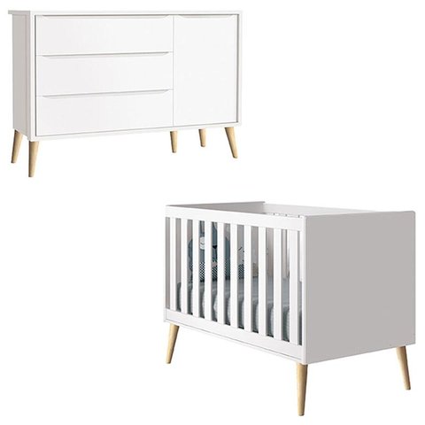 Berço Americano e Cômoda com Porta Infantil Theo Branco Acetinado Pés Madeira Natural – Reller