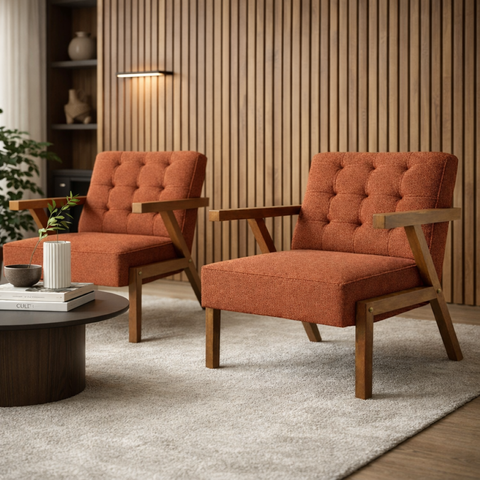 Kit 2 Poltronas Zara Capitone Tecido Boucle Moderna Decorativa Pés em Madeira Maciça para Sala de Es