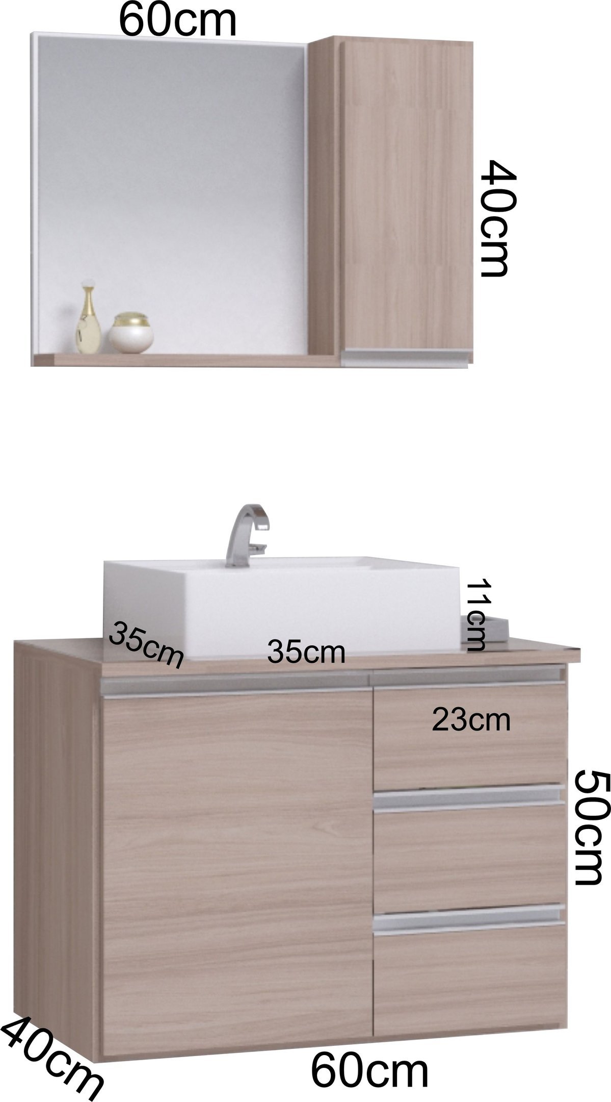 Conjunto Gabinete Banheiro Completo Prisma 60cm - Madeirado Inteiro COM TAMPO VIDRO - 3