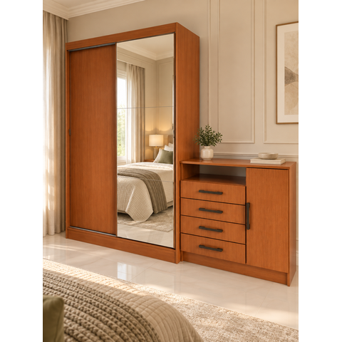 Guarda Roupa 2 Portas Espelho + Cômoda 1,20m Freijó